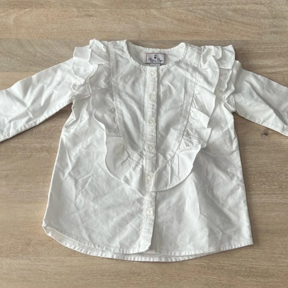 Classic Prep White Gemma‎ Preppy Ruffle Button Down Long Sleeve Shirt